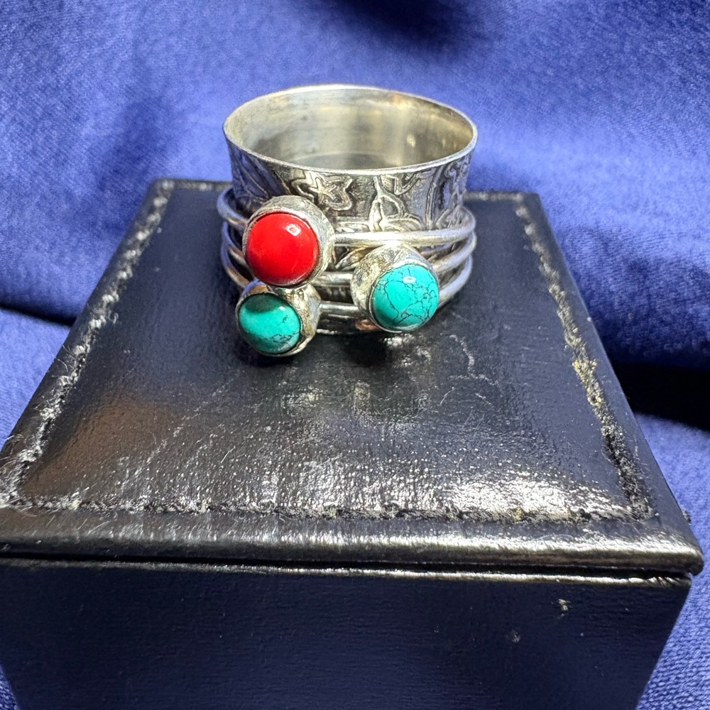 Ring 925 Sterling Silver Spinner Turquoise Coral Artisan Detailed Wide Band